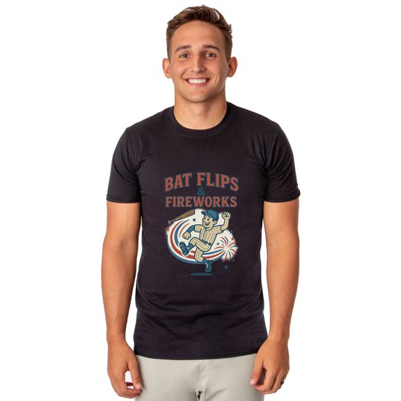 Baseball American Pastime T-Shirt Men's Bat Flips and Fireworks Patriotic Short-Sleeve Funny Graphic Print Tee