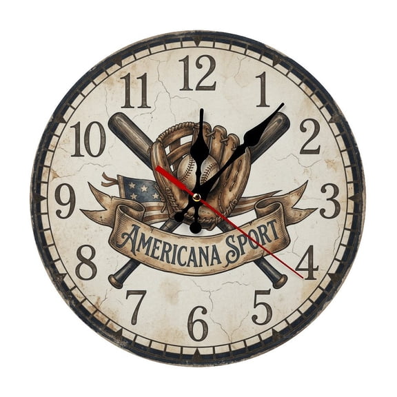 Baseball Americana Durable Wooden Analog Wall Clock, Silent Sweep Clock for Living Room & Office Decor