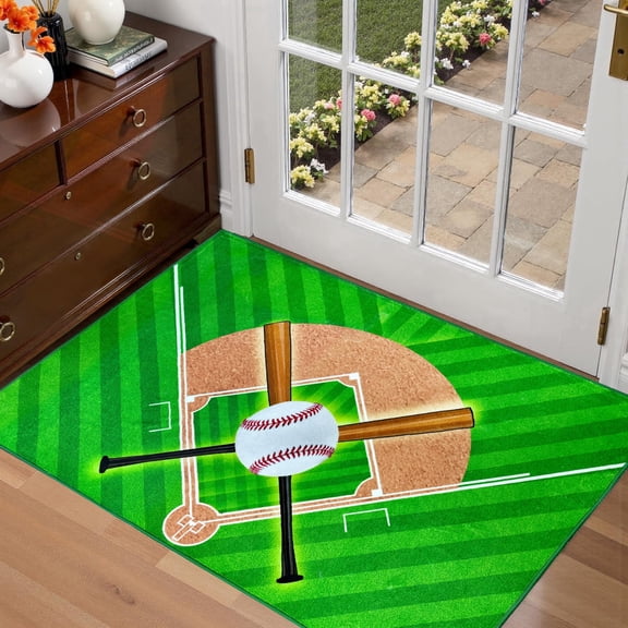 Baseball Area Rug 3x5ft, Machine Washable, Non-Slip Bottom, Foldable & Easy to Store, Easy-Care Sports Carpet for Living Room Bedroom Kids Room