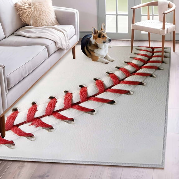 Baseball Area Rug 4x6 FT, Non Slip Kids Room Carpet, Red White Texture Sports Ball Minimalist Washable Soft Floor Carpet Non-Shedding Throw Rug for Dorm Kitchen Study Room Home Office Bedside