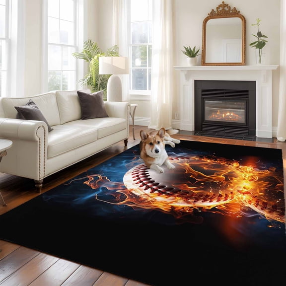 Baseball, Area Rug 5x7 FT, Non Slip Bedroom Throw Carpet, Sports Theme Gradient Orange Blue Black Washable Soft Floor Carpet Non-Shedding Rug for Dining Room Bedside Classroom Desk
