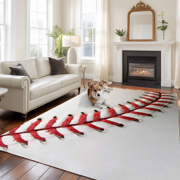 Baseball Area Rug 5x8 FT, Non Slip Bedroom Throw Carpet, Red White Texture Sports Ball Minimalist Washable Soft Floor Carpet Non-Shedding Rug for Living Room Nursery Dorm Office