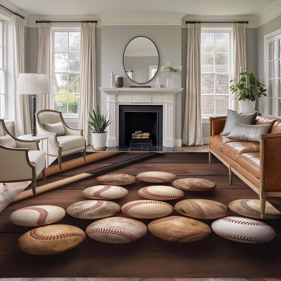 Baseball Area Rug 5x8 Washable Rug Non Slip Farmhouse Retro Sport Theme Brown Wooden Grain Large Area Rug Soft Stainresistant Indoor Floor Carpet for Living Room Bedroom Home Office Dining Room