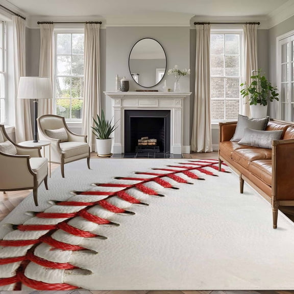 Baseball Area Rug 6x9 FT, Non Slip Living Room Throw Carpet, Red White Texture Sports Ball Minimalist Washable Soft Large Floor Carpet Non-Shedding Rug for Bedroom Dining Room Play Room