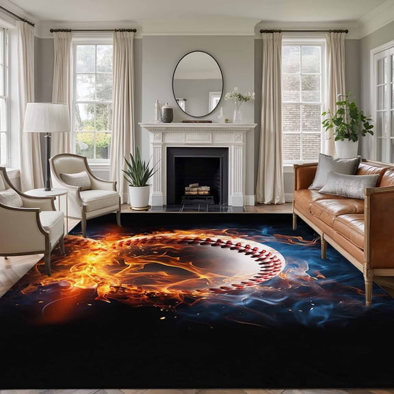 Baseball, Area Rug 6x9 FT, Non Slip Living Room Throw Carpet, Sports Theme Gradient Orange Blue Black Washable Soft Large Floor Carpet Non-Shedding Rug for Bedroom Dining Room Play Room