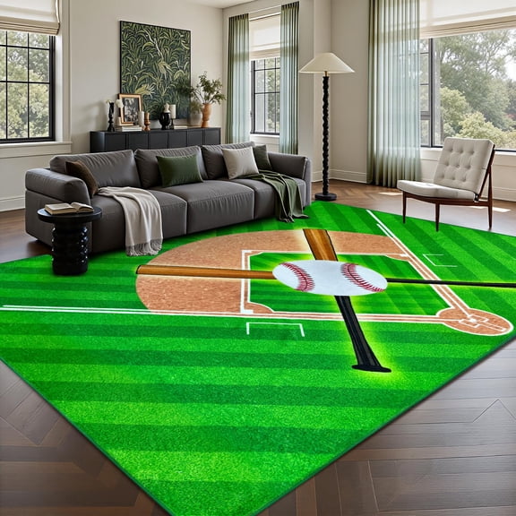 Baseball Area Rug 6x9ft, Machine Washable, Non-Slip Bottom, Foldable & Easy to Store, Easy-Care Sports Carpet for Living Room Bedroom Kids Room