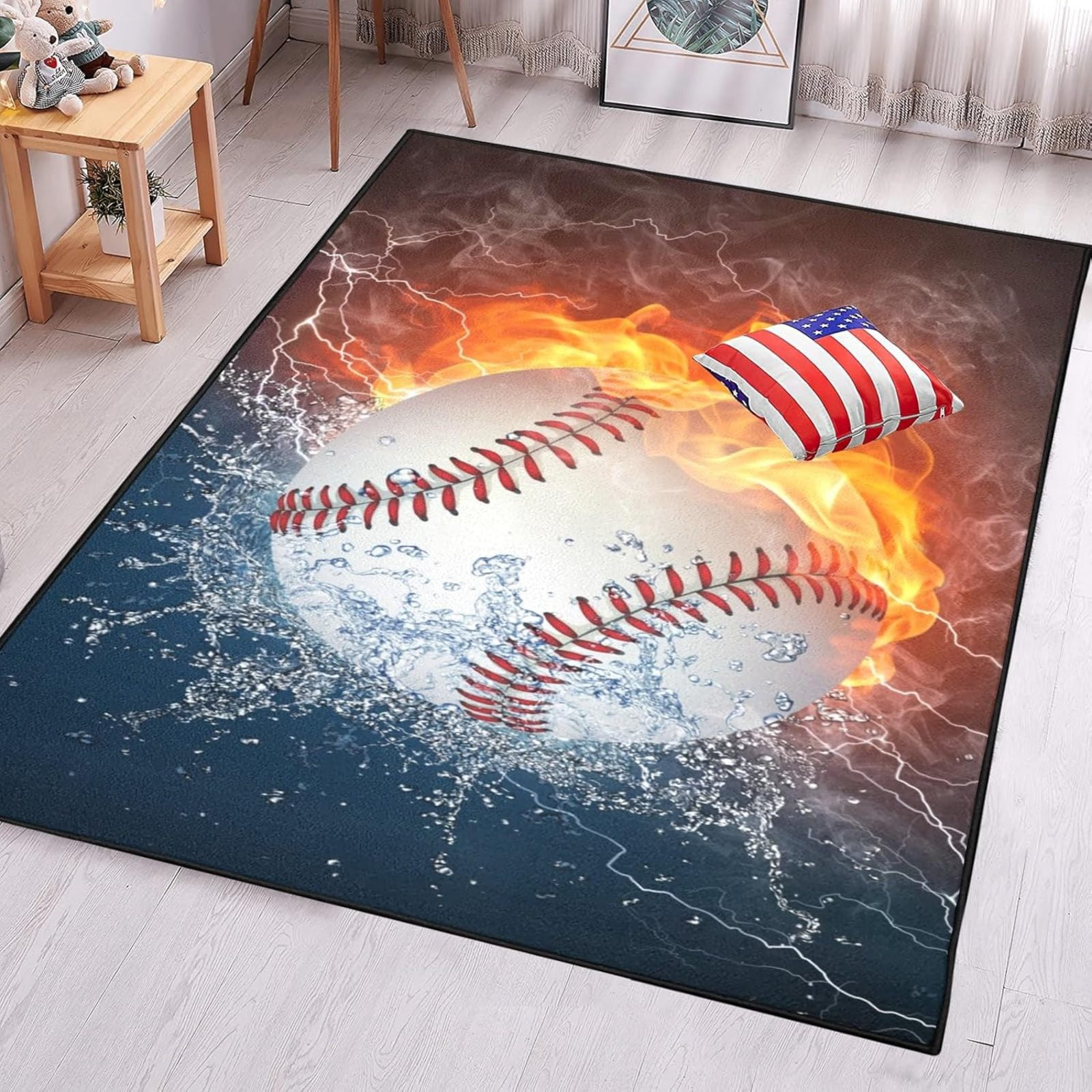 Baseball Rug Drawing Baseball Area Rug Modern Large 3D Printed Carpet Water Fire Sport Rug ...