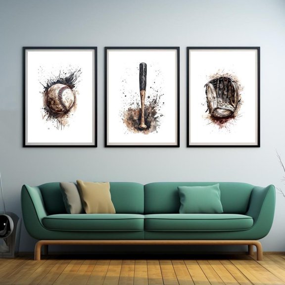 Baseball Art Prints Bat Glove Ball Sports Room Decor Set 3 Unframed Paper Print 8x12