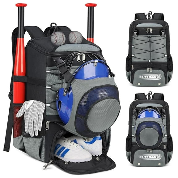 Baseball Bag for Youth & Adult Lightweight Softball Bat Bag with Shoe Compartment, External Helmet Holder and Fence Hook Waterproof Baseball Backpack Hold T-Ball, Bat and Softball Equipment, Grey
