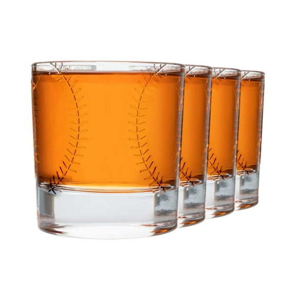 Baseball Ball Whiskey Glass Set of 4. Unique Gift for Men, Home Bar Gifts, Glassware Decorations Accessories, Bar Tumbler. Crystal. 11 oz