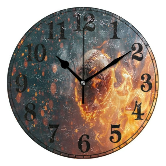 Baseball Ball with Fire Silent Wall Clock 10" Non-Ticking Battery Clock