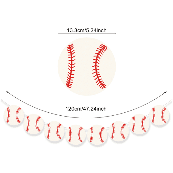 Baseball Banner Garland, White with Red Stitching, 47.24 inch Length, Sports Theme Party Decoration