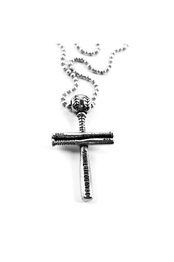 Baseball Bat And Ball Cross (clubball) Small Necklace Antique Silver On Ball Chain