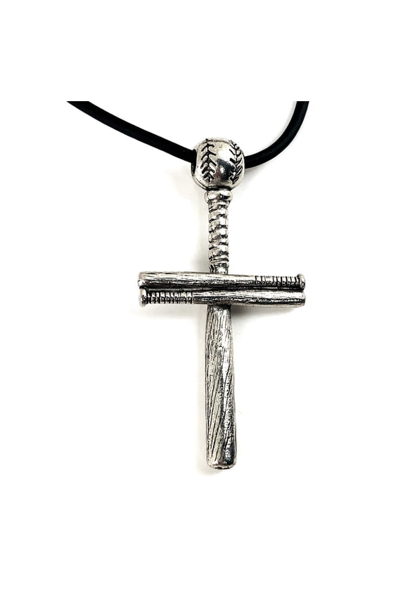 Baseball Bat And Ball (wbatdrub) Plain Cross On Black Rubber Cord Necklace Antique Pewter Finish