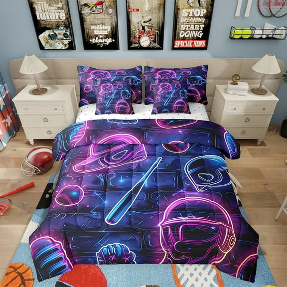 Baseball Bat Comforter Set 7 Piece Bed in a Bag Twin,Baseball Cap Bedding Sets European Sports Ball Softball Competitive Game Sheet Set with Comforter,Purple Teal Neon Design Room Decor
