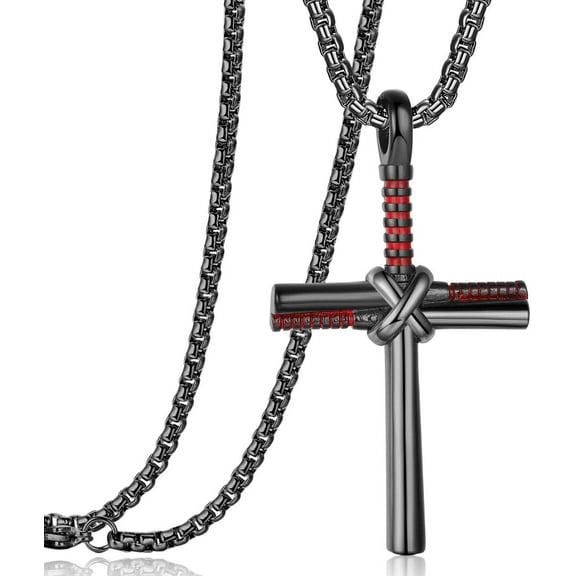 Baseball Bat Cross Pendant Necklace for Men Women with 24" Stainless Steel Chain Black Gold Silver