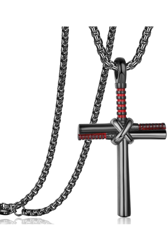 Baseball Bat Cross Pendant Necklace for Men Women with 24" Stainless Steel Chain Black Gold Silver