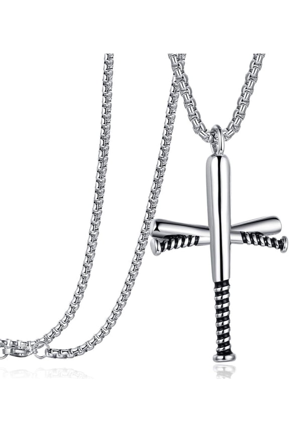 Baseball Bat Cross Pendant Necklace for Men Women with 24" Stainless Steel Chain Black Gold Silver
