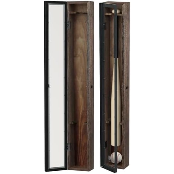 Baseball Bat Display Frame Case, Wall Mount Wooden Frame with Acrylic Door, Sports Memorabilia Horizontal Vertical Holder Cabinet Shadow Box Rack- MK885A$$Storage