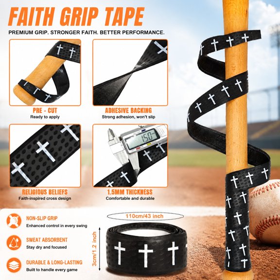 Baseball Bat Grip Tape with Faith Cross Design, 1.5mm Precut Non-Slip Full Adhesive Baseball Wrist Tape, Religious Scripture Sports Tape