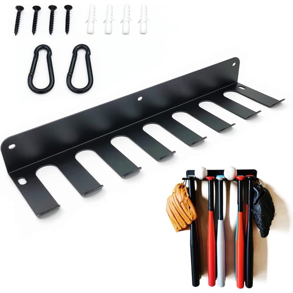 Baseball Bat Rack, Wall Mount, 14 Baseball/Softball Bats Holder | Heavy Duty, Solid Steel, Metal Holder, Sports Equipment Organizer Hanger, Black, 2 Buckles for Hanging Gloves or Helmets
