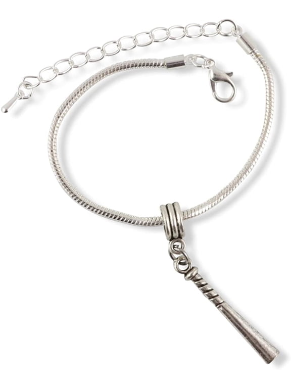 Baseball Bat Silver-Plated Snake Chain Charm Bracelet