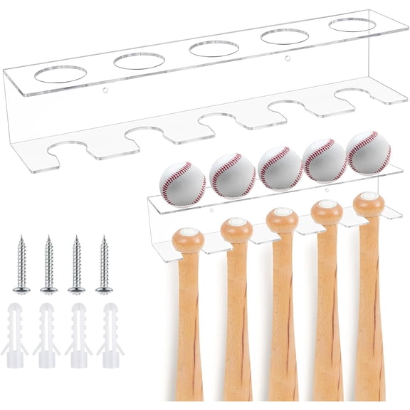 Baseball Bat Wall Mount Holder - 2 Pack Acrylic Baseball Bat Display Rack, Wall-Mounted Organizer for Ball Bats and Balls Display, Sports Memorabilia Storage for Home and Game Room