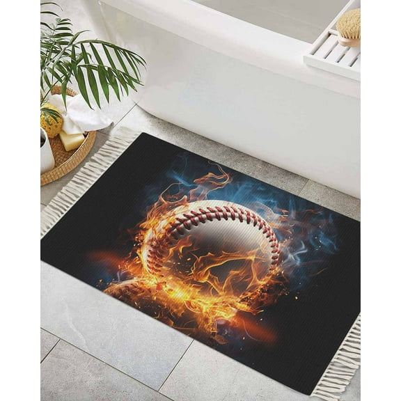 Baseball,Bath Rug 2x3ft Woven Bathroom Entryway Runner Rug,Sports Theme Gradient Orange Blue Black Washable Living Room Hallway Bedroom Kitchen Carpet with Tassels,Indoor Outdoor Throw Doormat