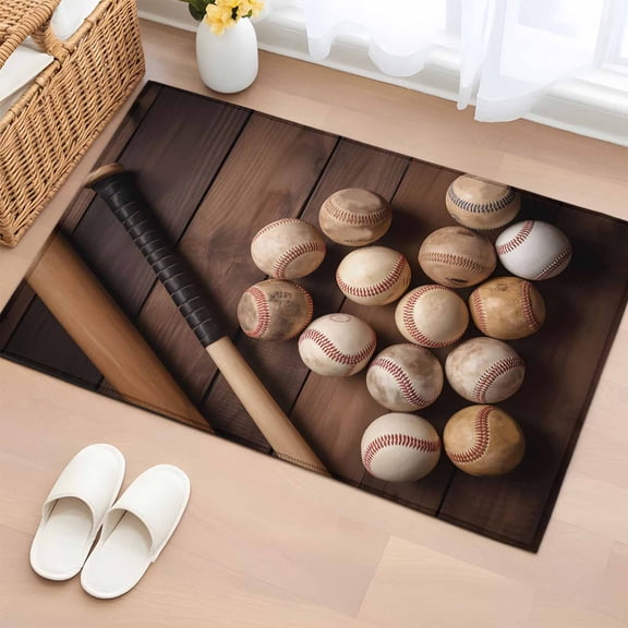 Baseball Bathroom Rug Washable 2x3 Entryway Rug Non Slip Farmhouse Retro Sport Theme Brown Wooden Grain Front Door Mat Low Pile Indoor Doormat Throw Floor Carpet for Kitchen Bedroom Entrance