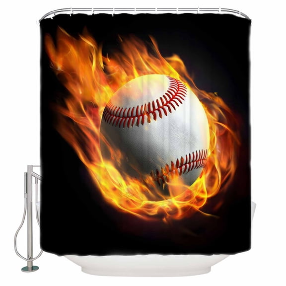 Baseball Bathroom Shower Curtains with 12 Hooks Polyester Waterproof Shower Curtain for Stalls and Bathtubs Modern Buruning Flame Sport Black Background Decorative Bathroom Privacy Curtain 60x72 Inch