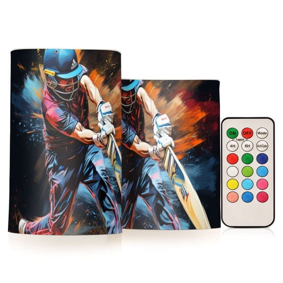 Baseball Batter Flickering Flameless LED Candles set of 2 Battery Operated 18-Key Remotes Timer Halloween Fall Decor D3''xH4''5''