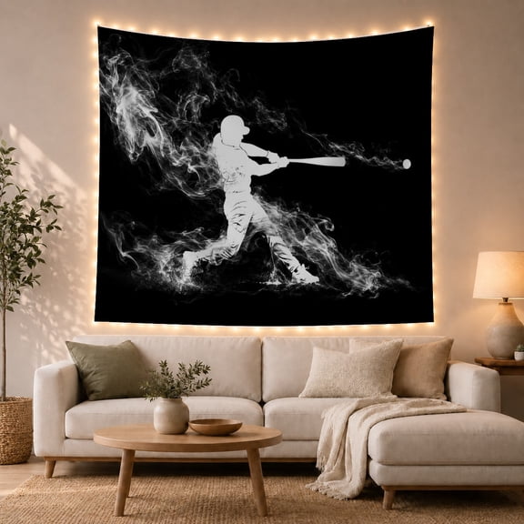 Baseball Batter in Smoke Against a Black Background, Dramatic Digital Art for Sports Fans, Monochromatic Wall Decor, Birthday Gift, Tapestry Wall Hanging for Bedroom and Living Room