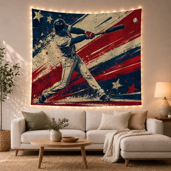 Baseball Batter Swinging Against Red and Cream Stripes, Dramatic Vintage for Sports Fans, Americana Decor, Birthday Gift, Tapestry Wall Hanging for Bedroom and Dorm