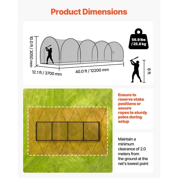 Baseball Batting Cage, 40.0 x 12.1 x 10.0 FT Freestanding Portable Batting Cage, Hitting Cages with 4-Ply Knotless Polyester & Pitching Machine Opening, Battings Cages Netting for Indoor Outdoor