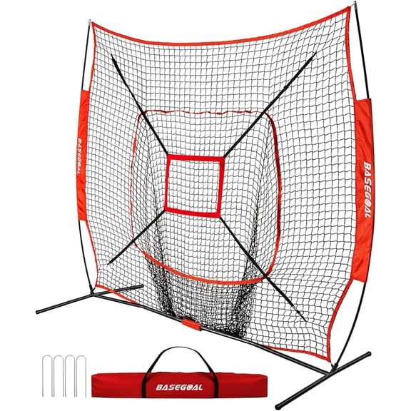 7'×7' Baseball Backstop Net, Baseball Practice Netfor Hitting Pitching Batting Catching with Bow Frame and Bonus Strike Zone, Foldable and Portable Light Steel Frame. Black