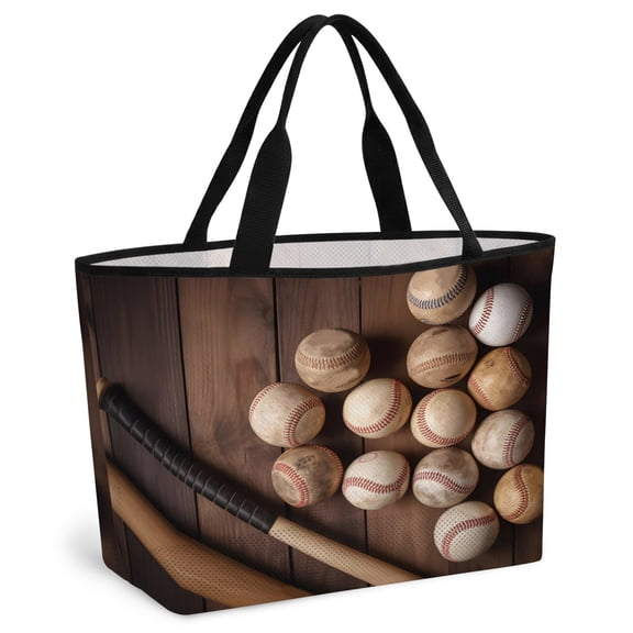 Baseball Beach Bag for Women, Large Breathable Mesh Beach Tote Bag, Farmhouse Retro Sport Theme Brown Wooden Grain Sandproof Lightweight Travel Bags for Vacation Picnic Swimming Pool 15.7"x15.7"x9.1"