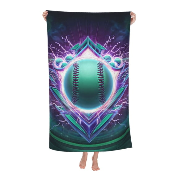 Baseball Beach Towel 32 X 52 Inch, Microfiber Teal Purple Neon Lightning Crest, Quick Dry Sand Resistant Towel For Sports Fans