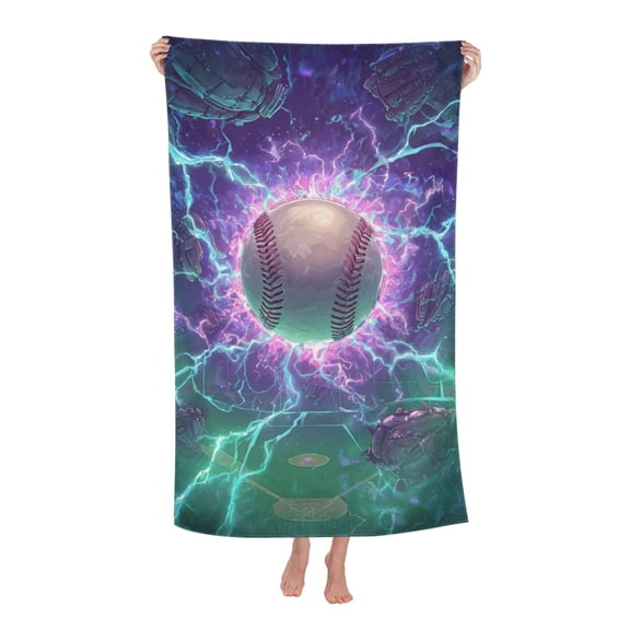 Baseball Beach Towel 32 X 52 Inch, Purple Electric Glove Design, Microfiber Quick Dry Sand Resistant Towel For Vacation