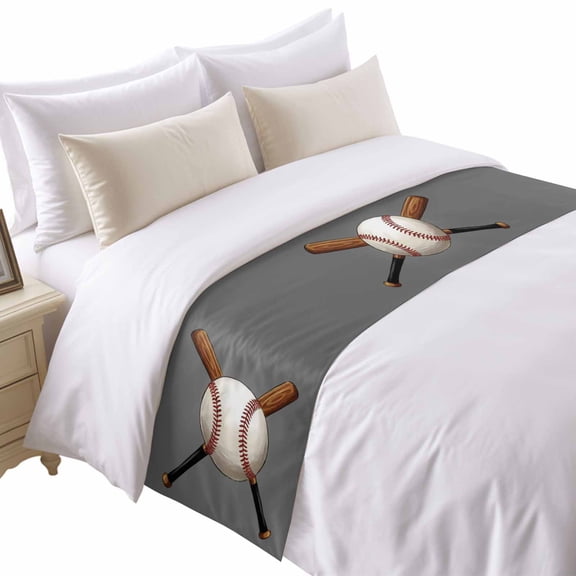Baseball Bed Runner for Twin Size Bed, Sports Gray Background Cartoon Soft Bedding Scarf Bedding Protector Slipcover Sofa Throw for Bedroom Hotel Guesthouse