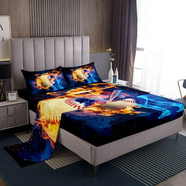 Baseball Bed Sheets Set European Sport Twin Sheet Set ,Baseball Bat Sheets,Flaming Fire Ball Game Player Flat Fitted Sheet Softball Sports Ball Room Decor