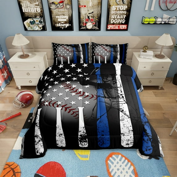 Baseball Bedding Set ,Grunge Baseball Bat Basketball Softball Comforter Set Bedroom Decor,American Flag Stars Quilted Duvet,Ball Sports Game Down Comforter,White Blue
