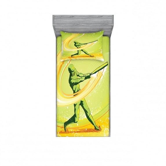 Baseball Bedding Set with Sheet & Covers, Baseball Player Hits Ball Batter Athlete Pitcher League Team Illustration, Printed Bedroom Decor 2 Shams, 4 Sizes, Green Yellow, by Ambesonne