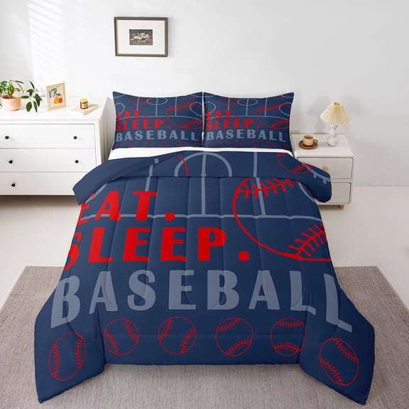 Baseball Bedding Sets Twin Sport Game Ball Theme Comforter Sets Baseball Room Decor Down Comforter Sports Comforter Sets Teen Sports Bedding Bed Set 2 Pcs Navy Blue Red