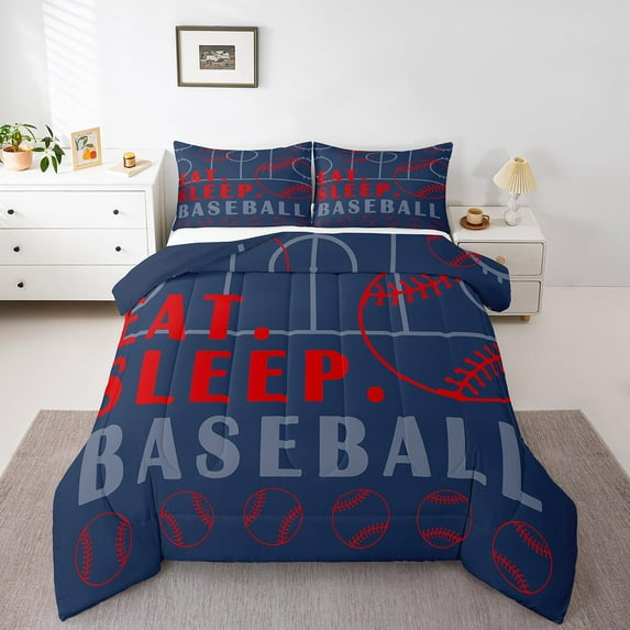 Baseball Bedding Sets Twin Sport Game Ball Theme Comforter Sets Baseball Room Decor Down Comforter Sports Comforter Sets Teen Sports Bedding Bed Set 2 Pcs Navy Blue Red