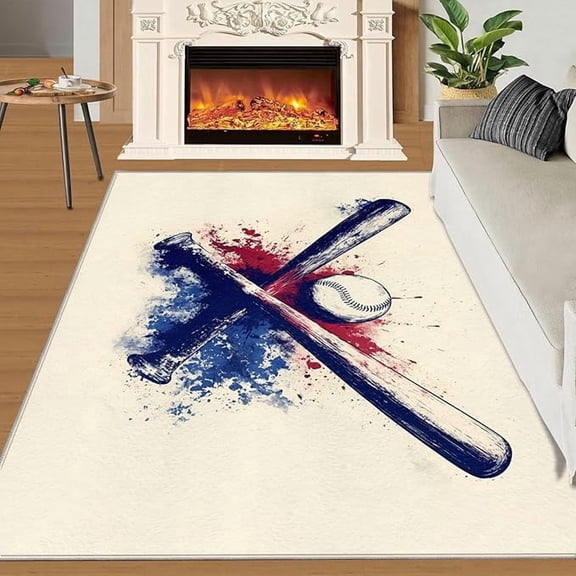 Baseball Bedroom Area Rugs, Children's Sports Washable Rugs, Baseball Graffiti Living Room Rug, Classroom Carpet Non Slip Stain Resistant 5 x 7ft
