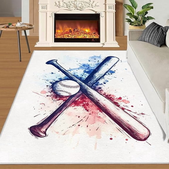 Baseball Bedroom Area Rugs, Sports Washable Rugs, Children's Baseball Living Room Rug, Classroom Carpet Non Slip Stain Resistant 4 x 6ft