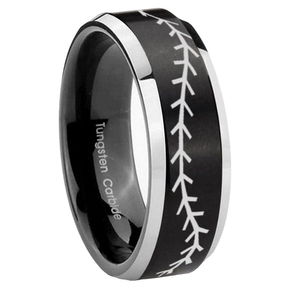 Baseball Beveled Edge Brush Black 2 Tone Tungsten Men Ring 10MM