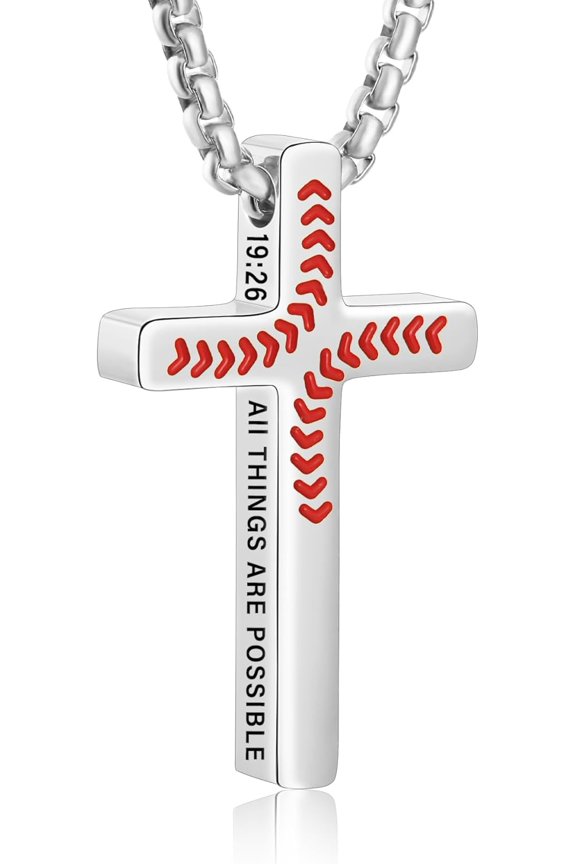 Baseball Bible Verse Cross Necklace for Men, Stainless Steel Cross Pendant Chain Graduation Christian Religious Sports Jewelry Gifts for Son