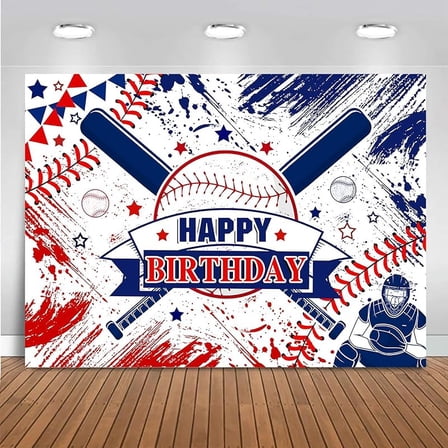 Baseball Birthday Backdrop Boys Blue and Red Baseball Party Decorations Kids Teens Sports Baseball Happy Birthday Banner Photo Booth Props(7x5ft)