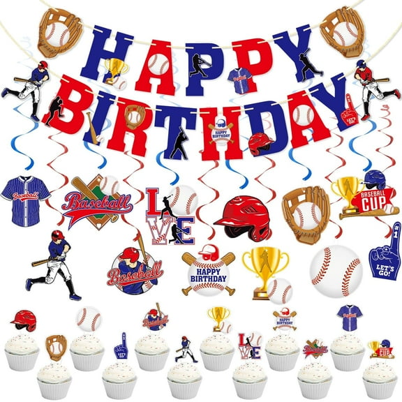 Qttier Baseball Birthday Party Decoration Kit with Banner, Swirls, Toppers 26 Pieces